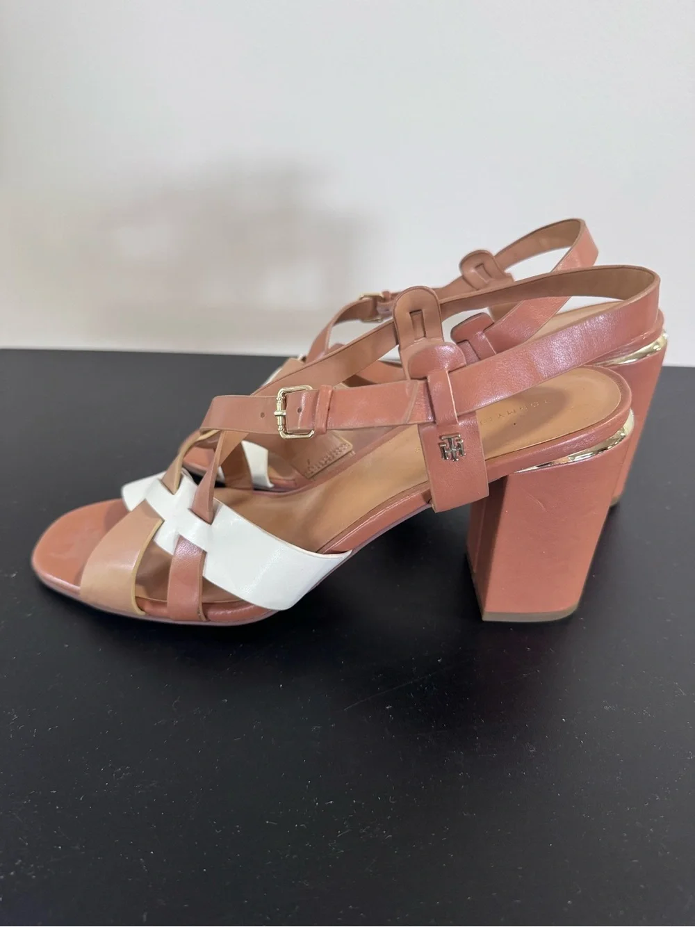 Tommy Hilfiger Graysi Tan and White Strappy Block Heel Sandals